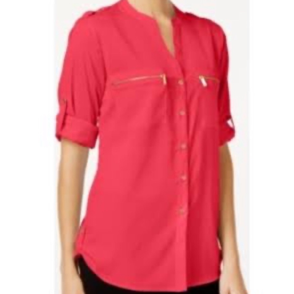 Calvin Klein Coral Roll Tab Button Up Blouse